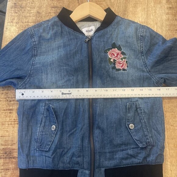 HUDSON Girls Size Large Denim blue Bomber Jacket Embroidered Rose Youth - Picture 10 of 11